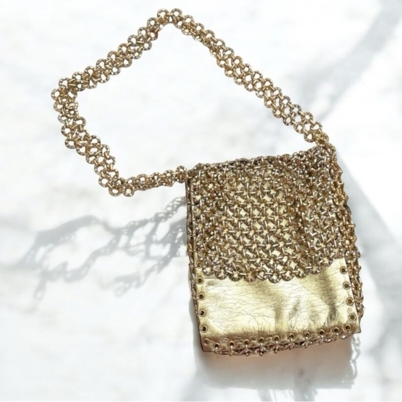 Vintage 60’s Gold Leather and Chain Length Shoulder Bag Purse - Picture 1 of 12
